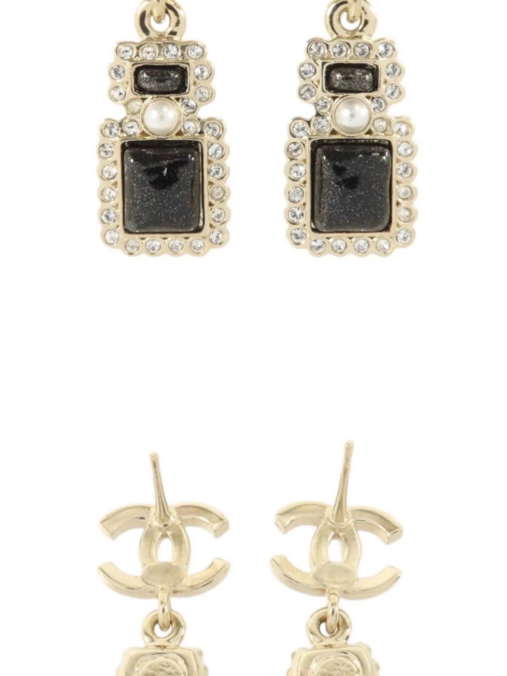 CHANEL Gold-Tone Black and Pearl Drop Earrings with Crystal Halo